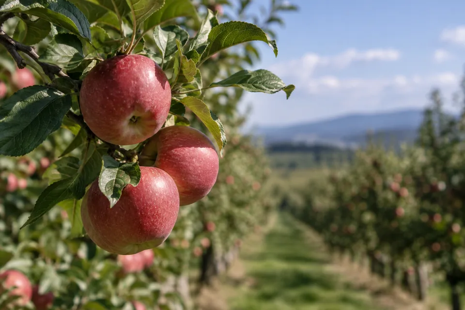 Ripe apples growing among green orchard leaves.