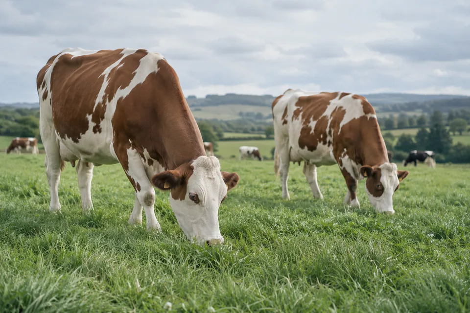 Cattle grazing in a green pasture.