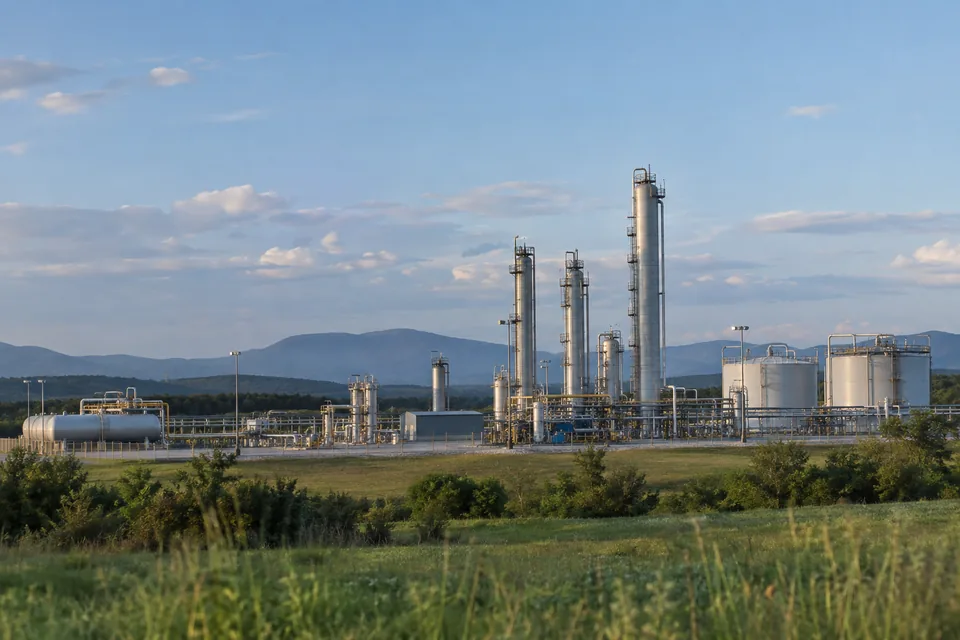 Processing towers and pipework at an industrial gas facility.