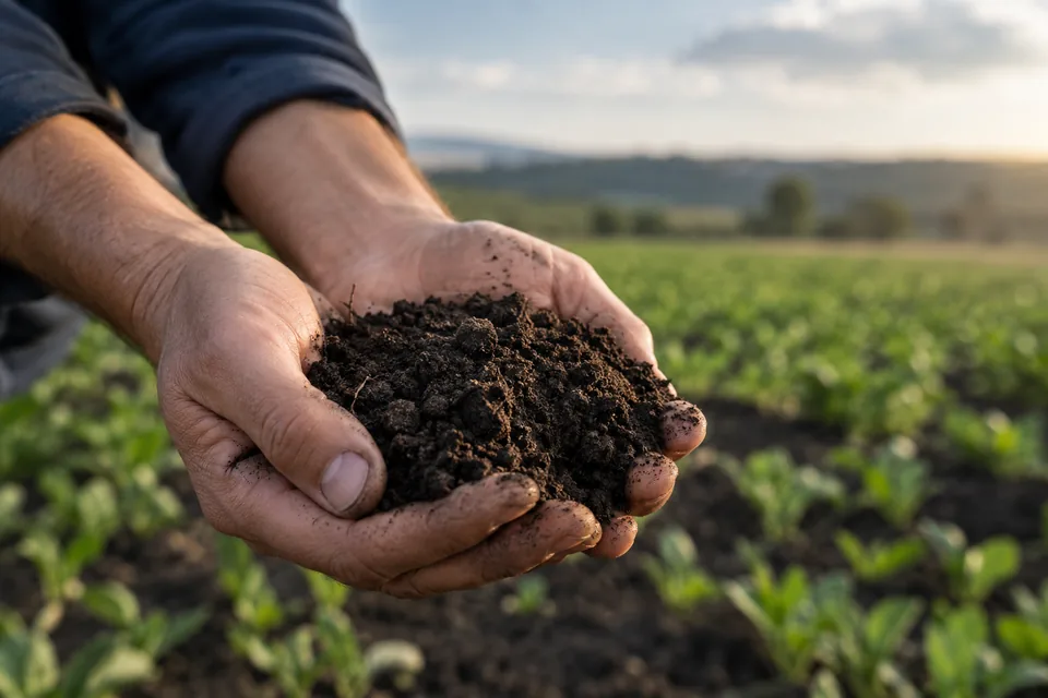 Hands holding a sample of dark soil.